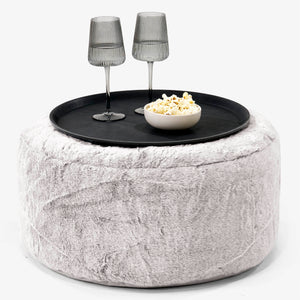 Ottoman Pouf with a Serving Tray - Fluffy Faux Fur Rabbit Light Grey