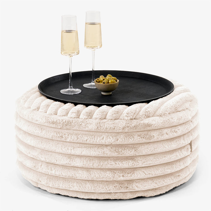 Ottoman Pouf with a Serving Tray - Ultra Plush Cord Cream 01