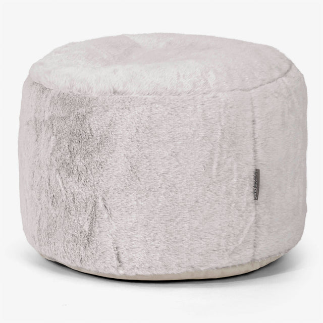 Small Round Footstool - Fluffy Faux Fur Rabbit Light Grey 01