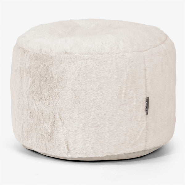 Small Round Footstool - Fluffy Faux Fur Rabbit White 01