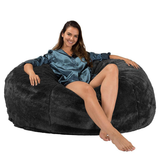Lounge Pug, CloudSac 1010 XXL - Memory Foam XXL Giant Bean Bag Sofa / Love Seat, Faux Fur Sheepskin Black