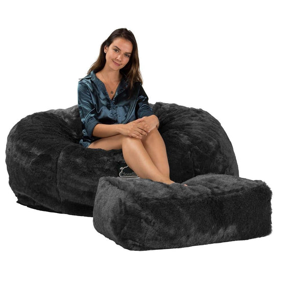 Lounge Pug, CloudSac 1010 XXL - Memory Foam XXL Giant Bean Bag Sofa / Love Seat, Faux Fur Sheepskin Black