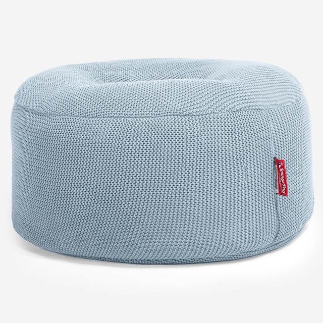 LOUNGE PUG - ELLOS KNIT - Large Hassock POUFFE - Footstool - Round - MISTY BLUE - (Size 30cm H x 70cm Dia)