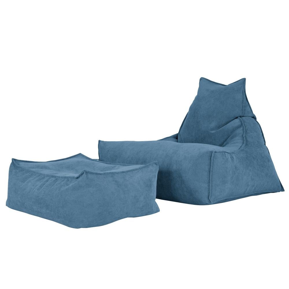 LOUNGE PUG - FLOCK - Bean Bag Footstool - Large - Aegean Blue - (Size 25cm H x 40cm D x 70cm Wide)