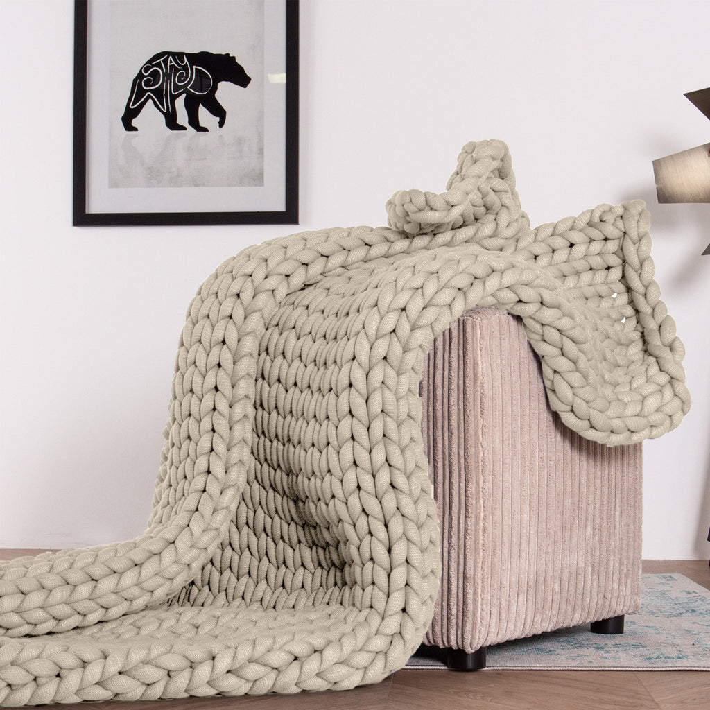 LOUNGE PUG Heavy Calming Anxiety WEIGHTED BLANKET for Adults CHUNKY KNIT CREAM 5 KG 135 x 150 cm
