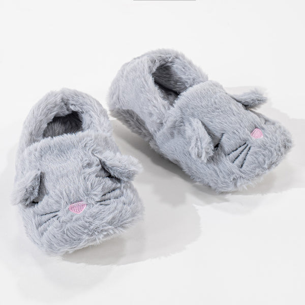 Children's Fluffy Grey Cat Slippers Fabric Close-up Image