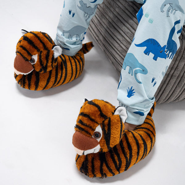 Children's Fluffy Tiger Slippers Fabric Close-up Image