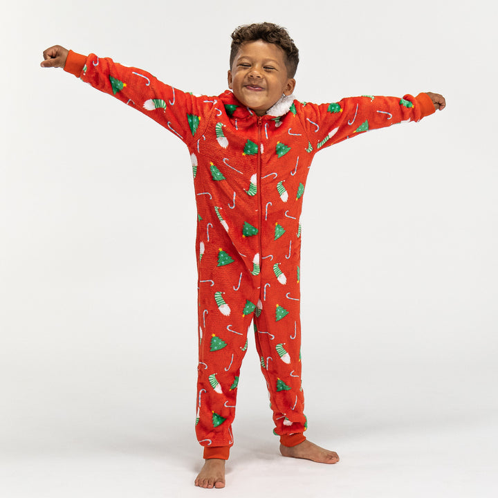 Children's Red Fleece Christmas Print Onesie 01