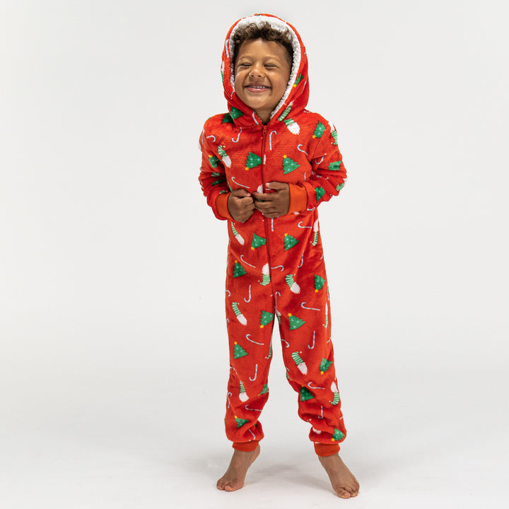 Children's Red Fleece Christmas Print Onesie 03