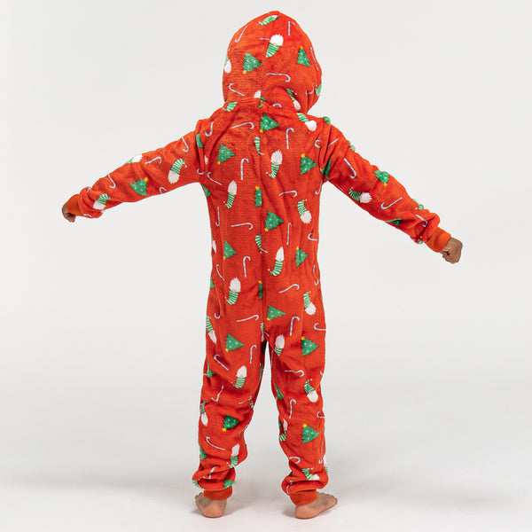 Children's Red Fleece Christmas Print Onesie Fabric Close-up Image