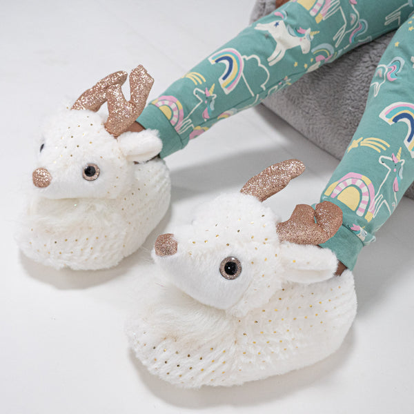 Children's Cream Reindeer Slippers Fabric Close-up Image