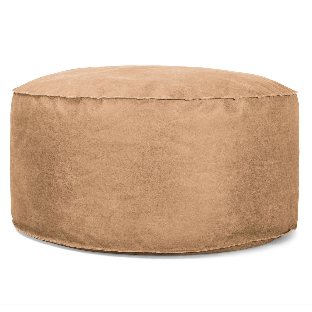 Large Round Pouffe - Distressed Leather Honey Brown 01
