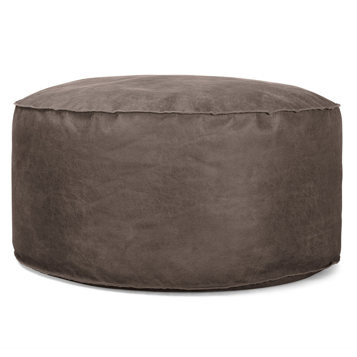 Large Round Pouffe - Distressed Leather Natural Slate 01