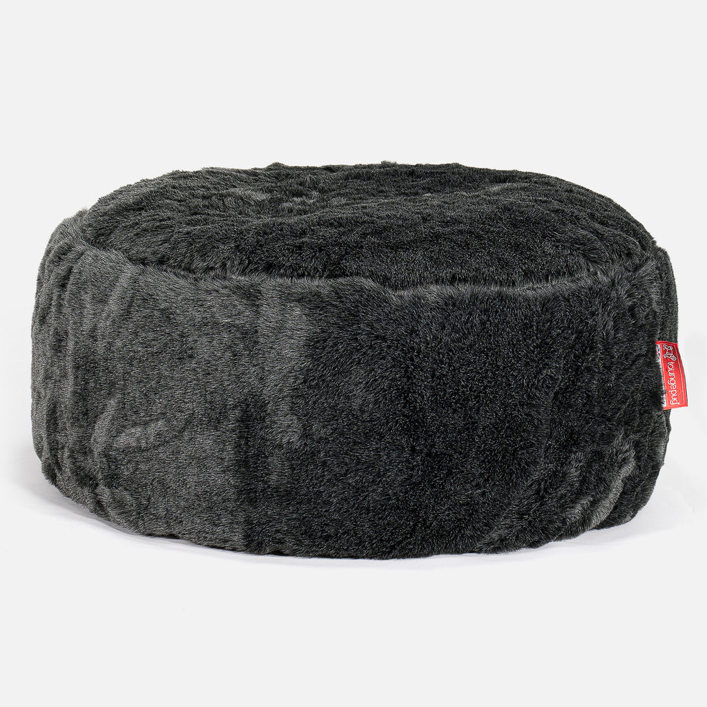Large Round Pouffe - Faux Fur Sheepskin Black 01