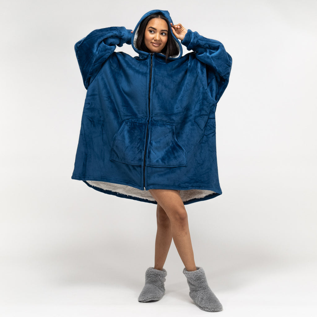 Oversized Zip Up Hoodie Blanket Sweatshirt for Men or Women - Minky Dark Blue 01