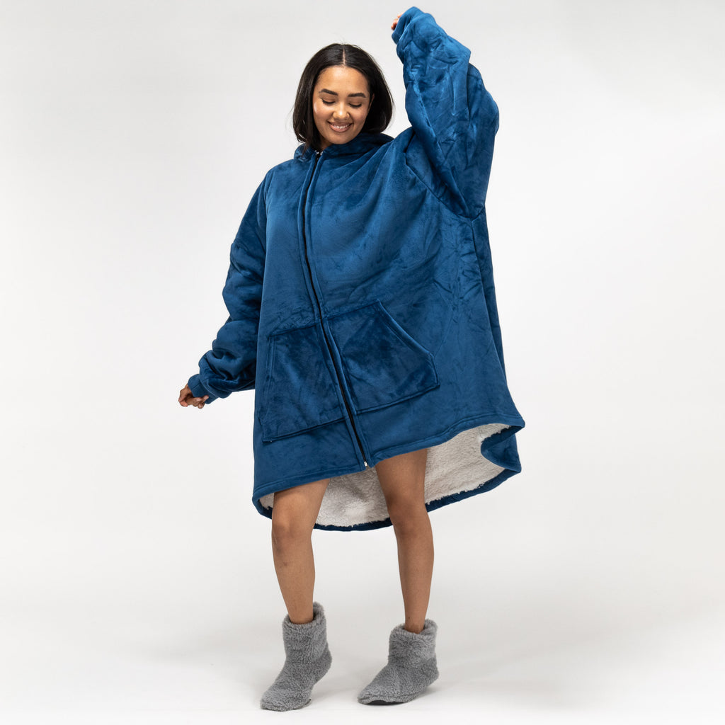 Oversized Zip Up Hoodie Blanket Sweatshirt for Men or Women - Minky Dark Blue 02