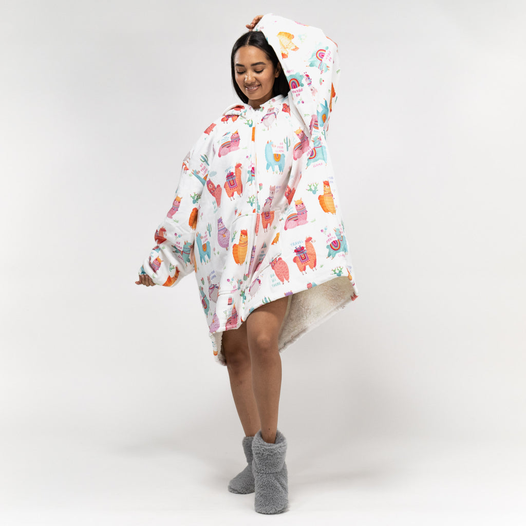 Oversized Zip Up Hoodie Blanket Sweatshirt for Men or Women - Minky Llama 01
