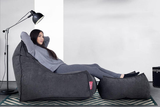 LOUNGE PUG - FLOCK - Bean Bag Footstool - Large - Graphite - (Size 25cm H x 40cm D x 70cm Wide)