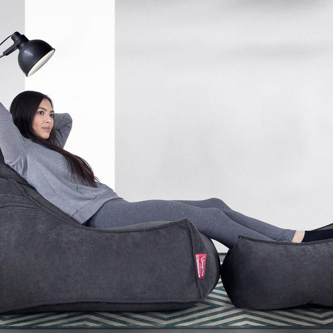 LOUNGE PUG - FLOCK - Bean Bag Footstool - Large - Graphite - (Size 25cm H x 40cm D x 70cm Wide)