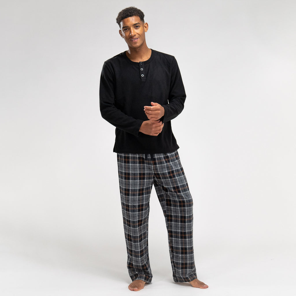 Men s Check Pyjamas Long Sleeve Trouser Set Size M XXL Black