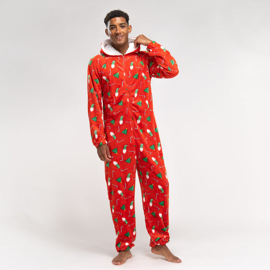 Men s Hooded Sherpa Fleece Christmas Print Onesie Size S XL Red Big Bertha Original IE