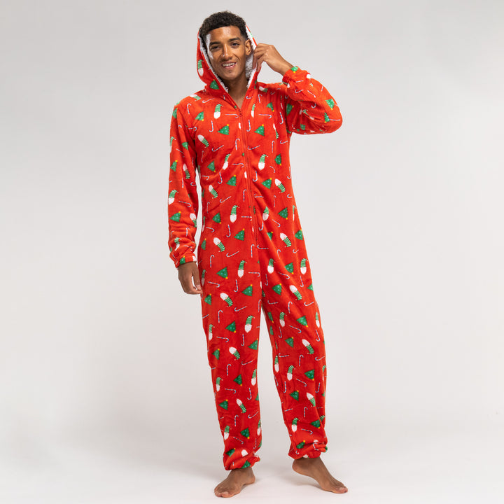 Men s Hooded Sherpa Fleece Christmas Print Onesie Size S XL Red Big Bertha Original IE