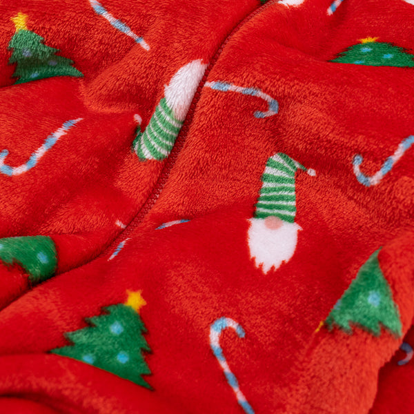 Men's Red Fleece Christmas Print Onesie Fabric Close-up Image