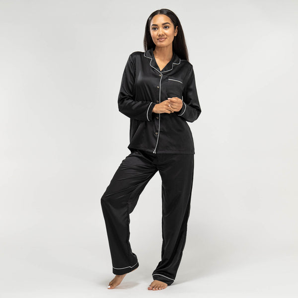 Women's Black Satin Trouser Pyjamas 01
