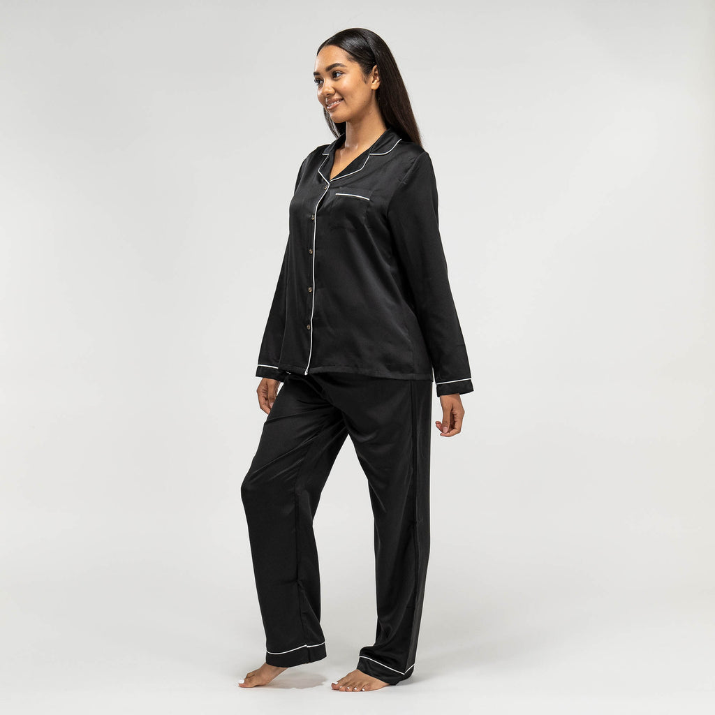 Women's Black Satin Trouser Pyjamas 04