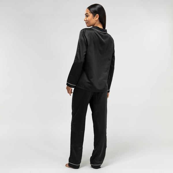 Women's Black Satin Trouser Pyjamas Fabric Close-up Image