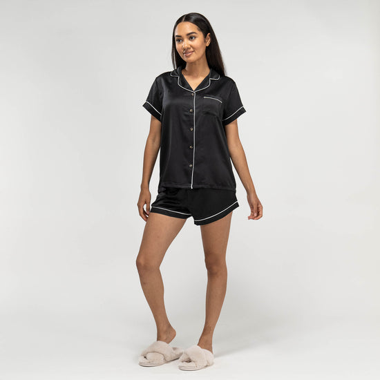 Women's Black Satin Short Pyjamas 03