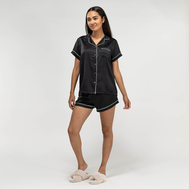 Women's Black Satin Short Pyjamas 03
