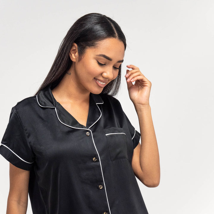 Women's Black Satin Short Pyjamas 05