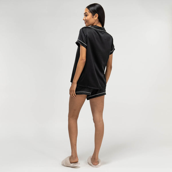 Women's Black Satin Short Pyjamas Fabric Close-up Image