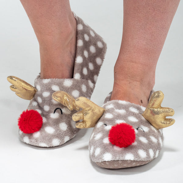 Women's Reindeer Animal Printed Fleece Slippers Fabric Close-up Image