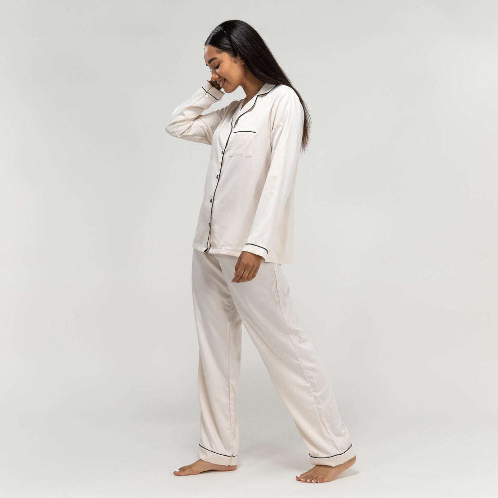 Women's Cream Satin Trouser Pyjamas 03