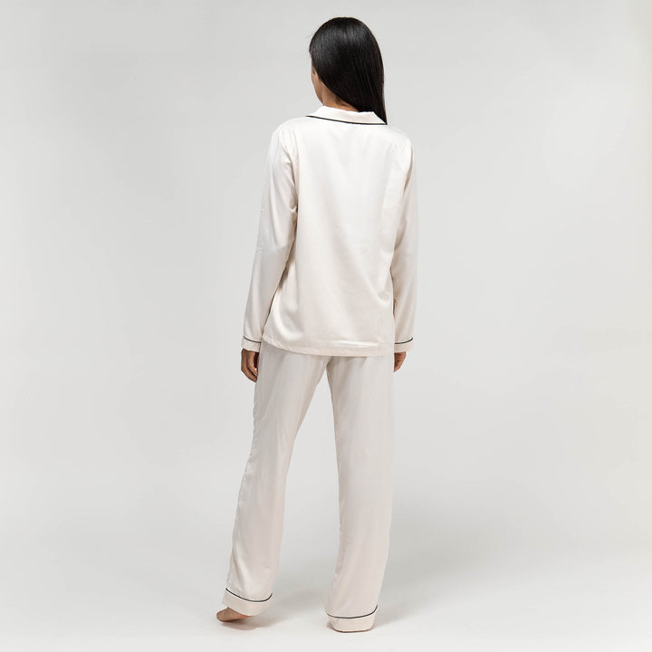 Women s Cream Satin Pyjamas Long Sleeve Trouser Set Size XS XL Black Piping Big Bertha Original IE