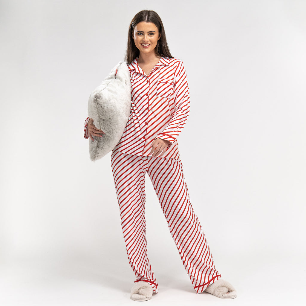 Women's Red Candy Cane Stripe Christmas Pyjamas 02