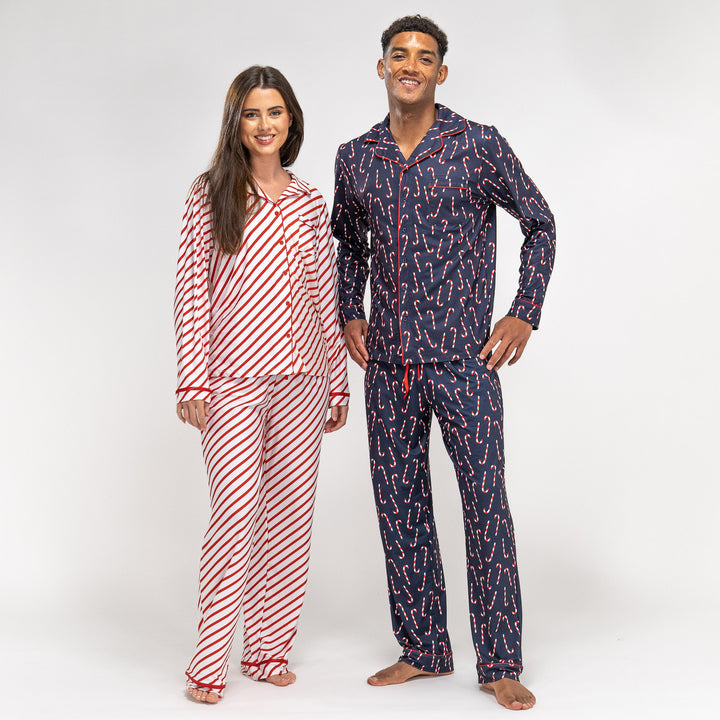 Women s Red Candy Cane Stripe Christmas Pyjamas Long Sleeve Trouser Set Size S L Red Big Bertha Original IE