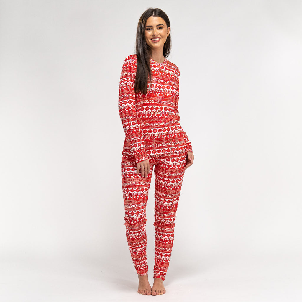 Women s Red Fairisle Jersey Christmas Pyjamas Long Sleeve Legging Set Size S L Red Big Bertha Original IE