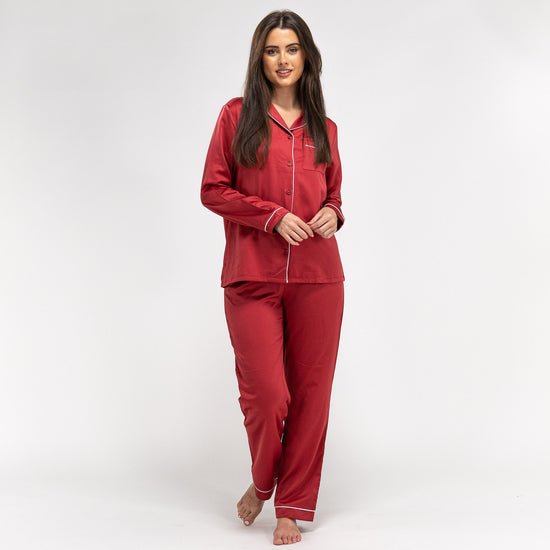 Womens red satin pants suit top