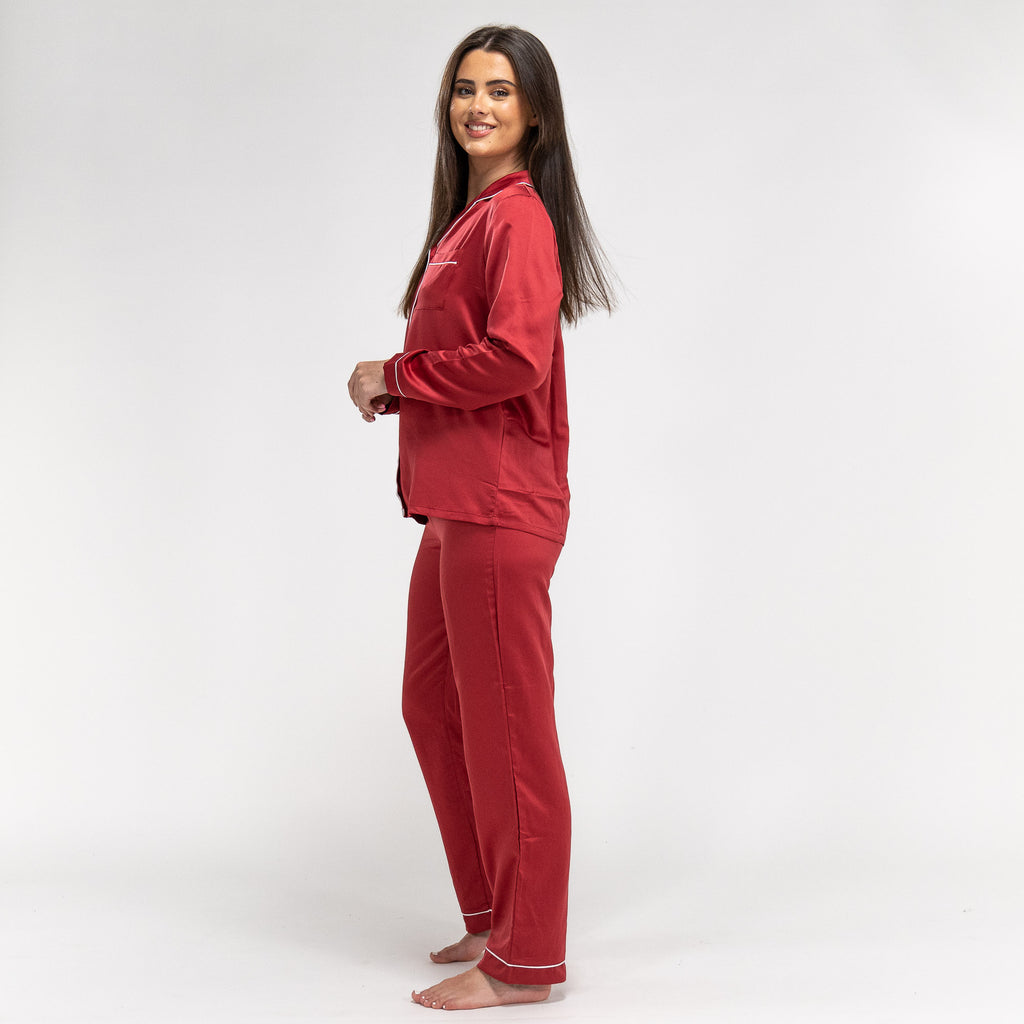 Women's Red Satin Trouser Pyjamas 02