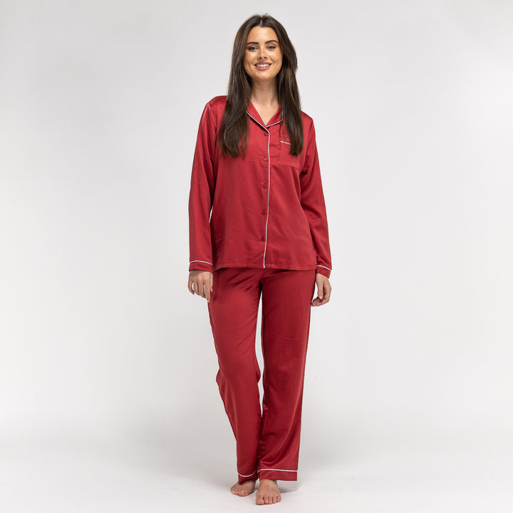 Women s Red Satin Pyjamas Long Sleeve Trouser Set Size XS XL White Piping Big Bertha Original IE