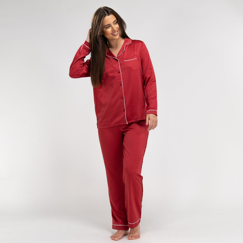 Women's Red Satin Trouser Pyjamas 04