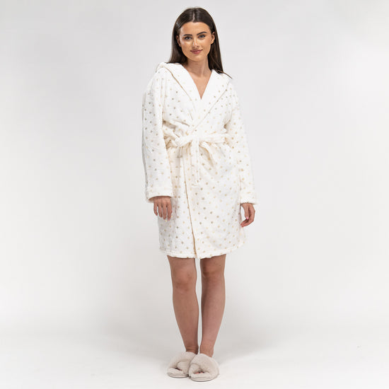 Women's Cream and Gold Star Print Fleece Robe 01