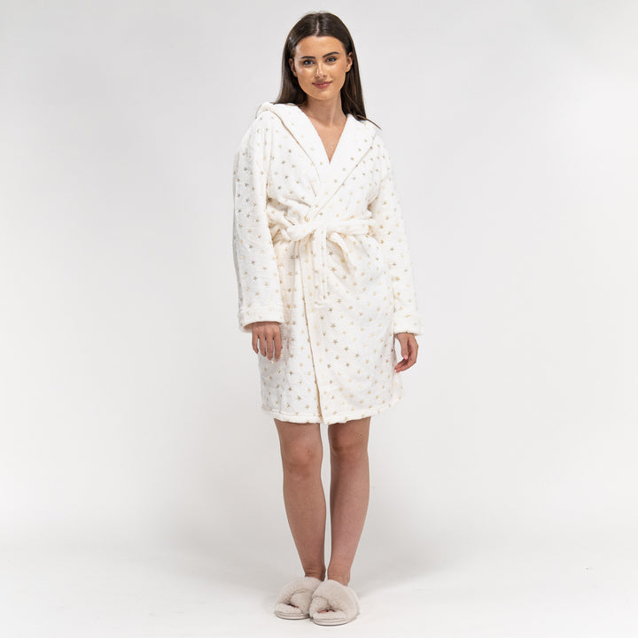 Women's Cream and Gold Star Print Fleece Robe 01