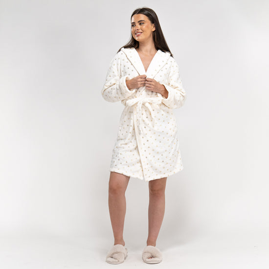 Women's Cream and Gold Star Print Fleece Robe 04