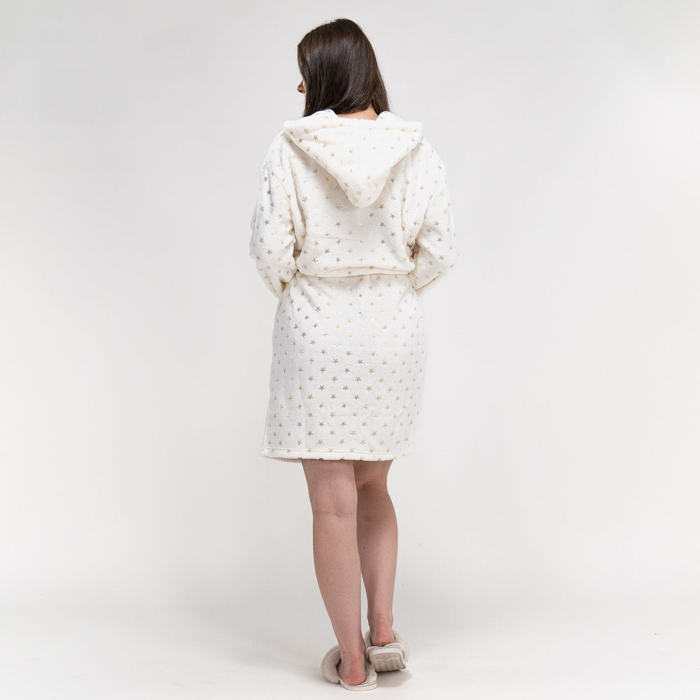 Women's Cream and Gold Star Print Fleece Robe 01