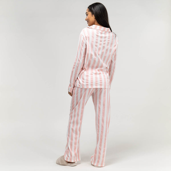 Women's Pink Stripe Jersey Pyjamas Fabric Close-up Image