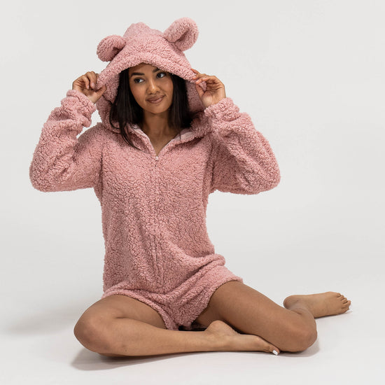 Women's Pink Teddy Ear Fleece Romper 05